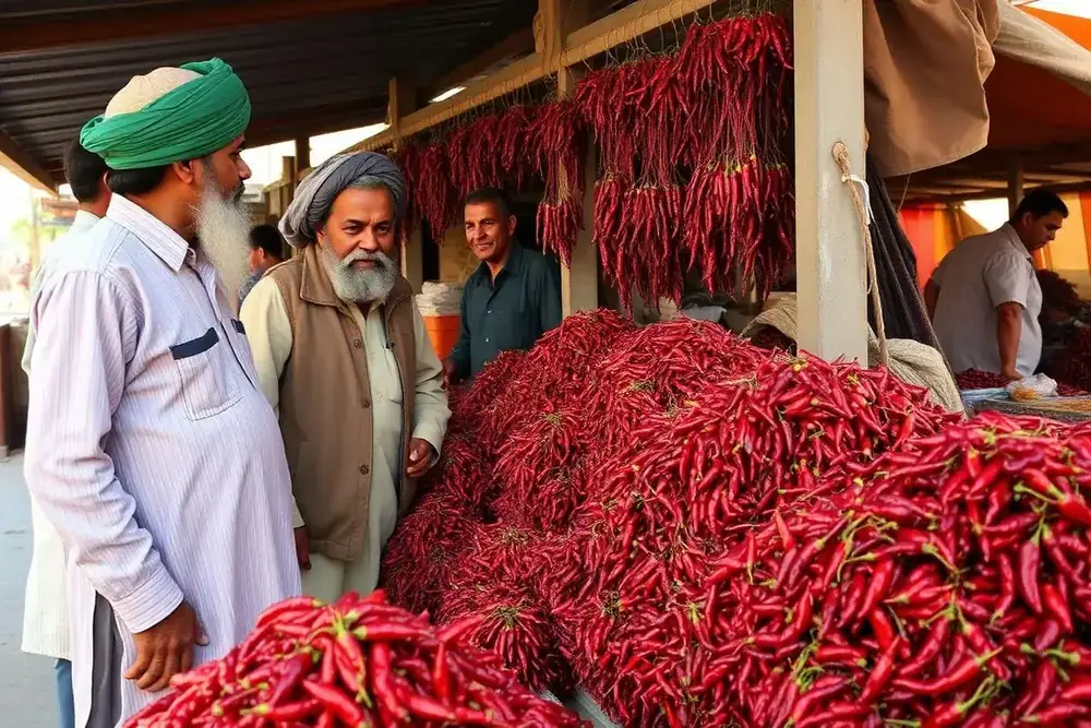 Farmers and a commission agent discussing red chilli rates in the Kunri market