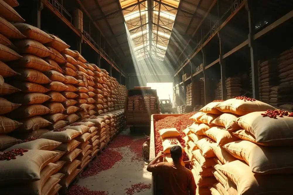Warehouse stacked with jute sacks of dried red chilli awaiting dispatch to wholesalers and exporters
