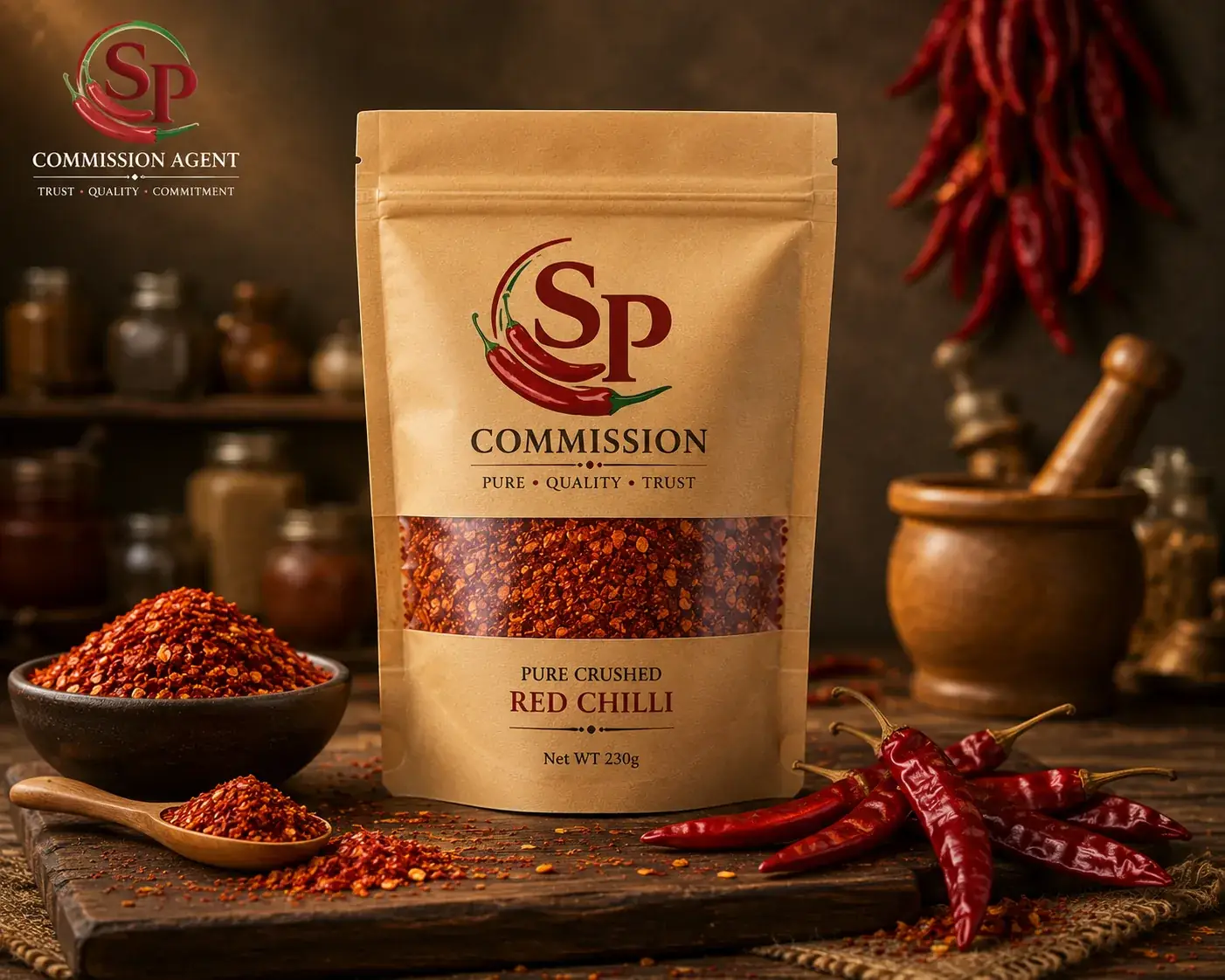 SP Commission kraft stand-up pouch of pure crushed red chilli flakes with window panel