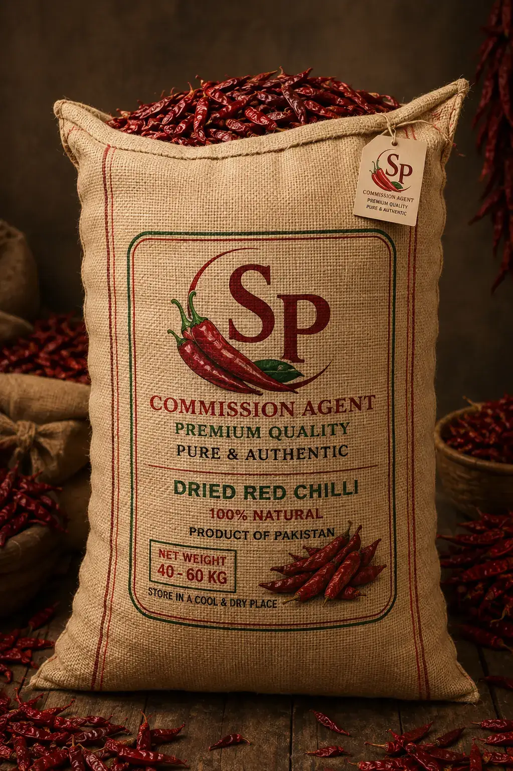 SP Commission Agent branded jute sack of dried red chilli ready for loading