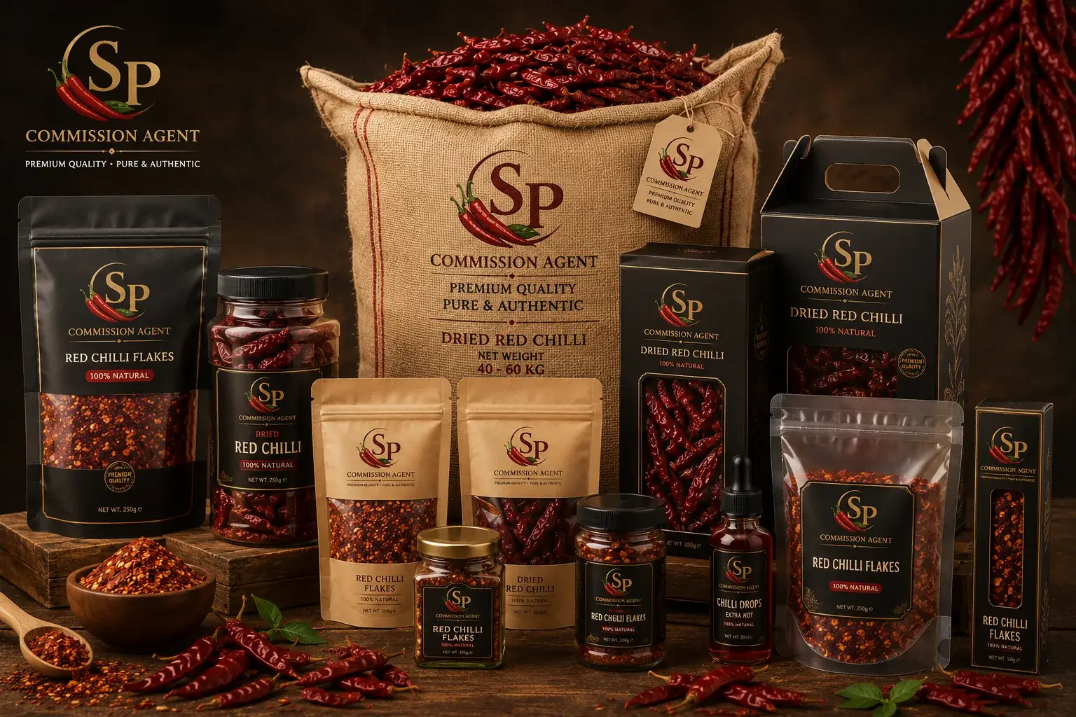 Full SP Commission Agent product range of dried red chilli, flakes, jars, pouches and gift cartons