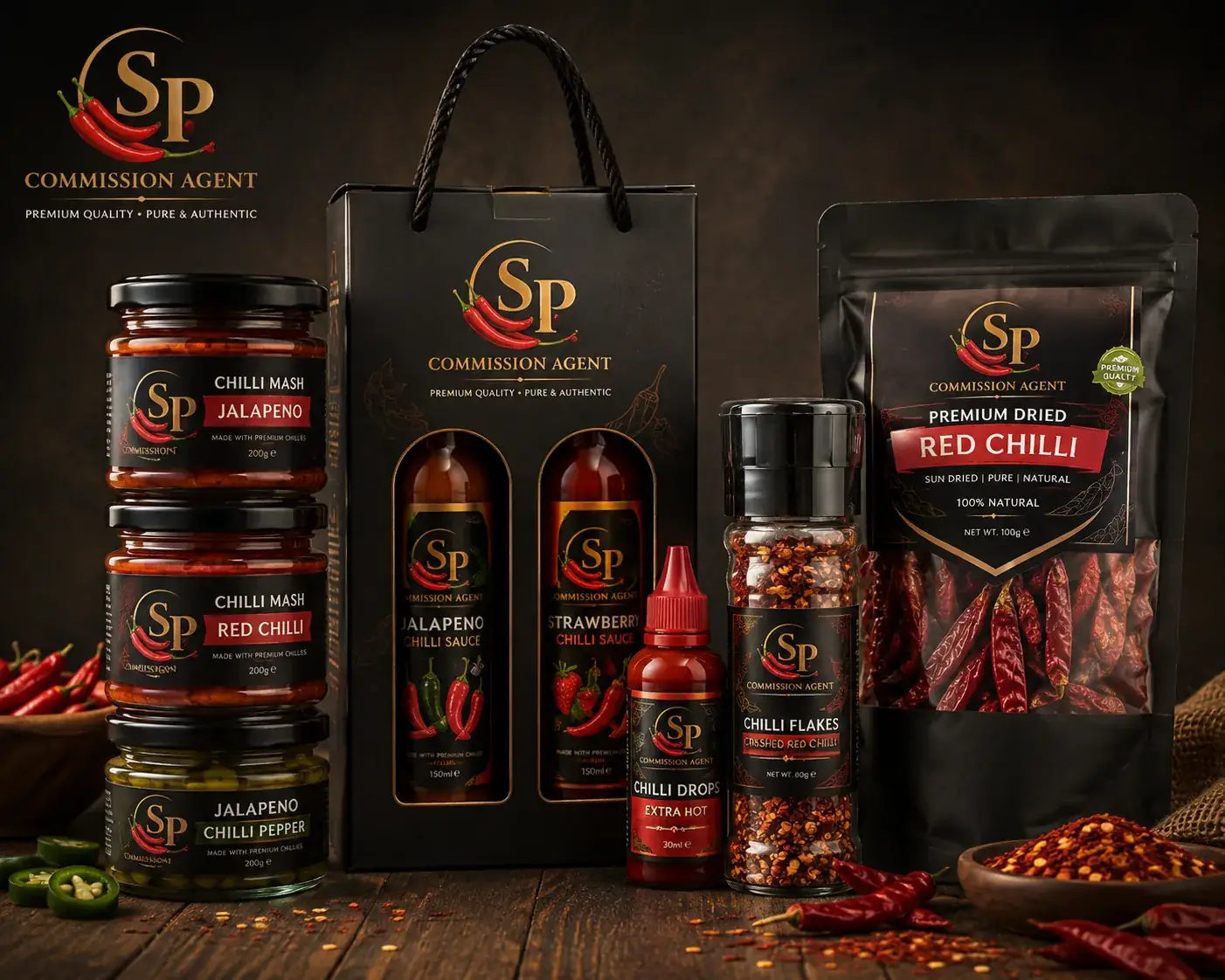 SP Commission Agent gift pack with jalapeno and strawberry chilli sauces, chilli mash jars, flakes grinder and chilli drops